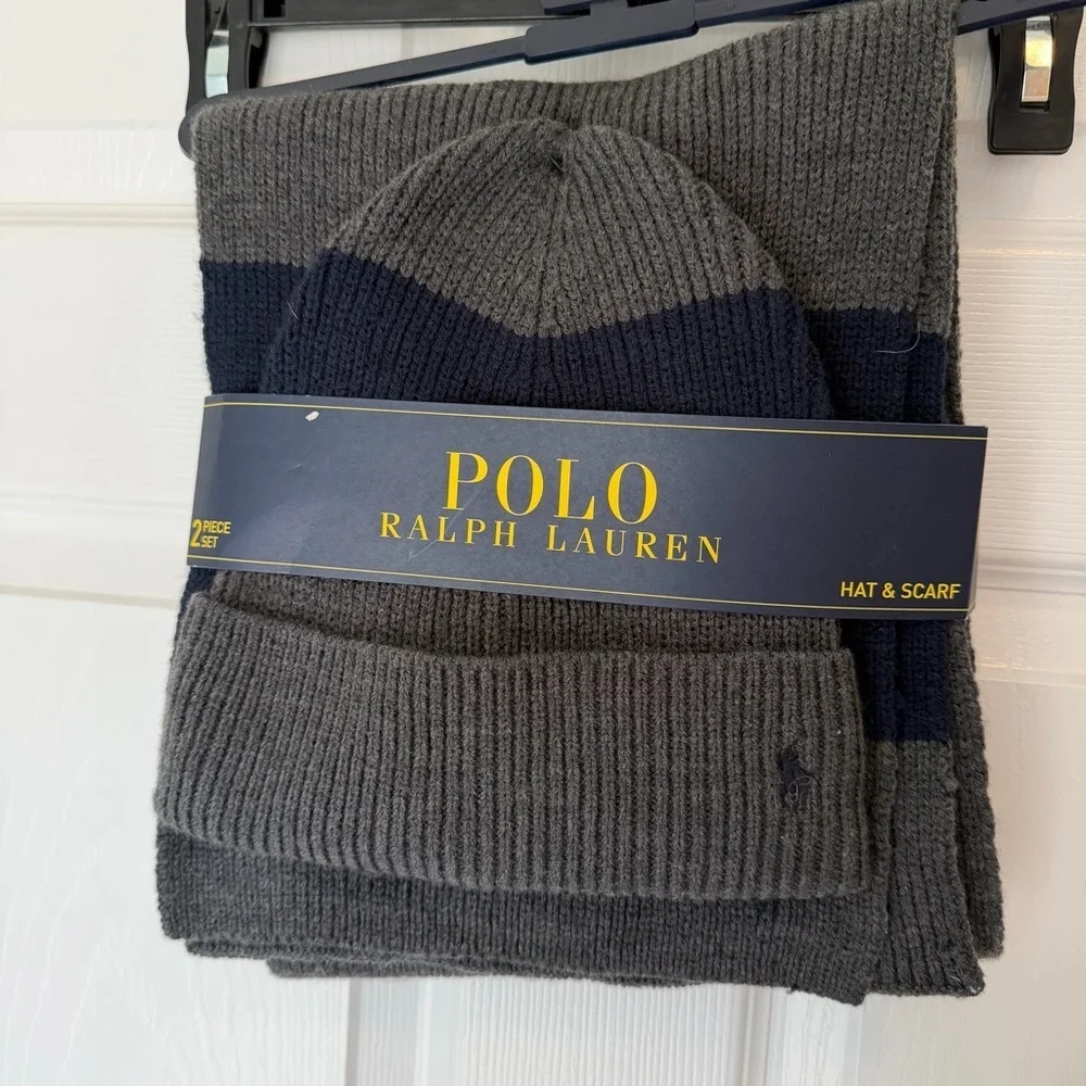 Polo by Ralph Lauren Gray and Navy Knit Hat & Scarf Set